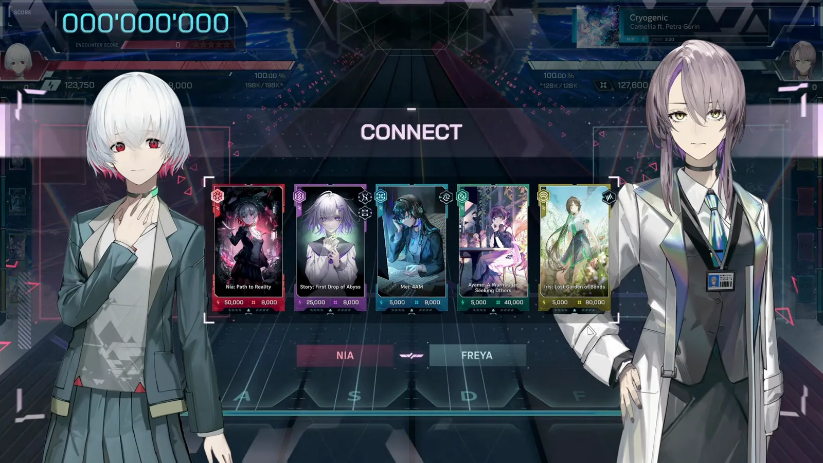 In Falsus CONNECT screen showing a five-card loadout with Nia and Freya character cards before an encounter