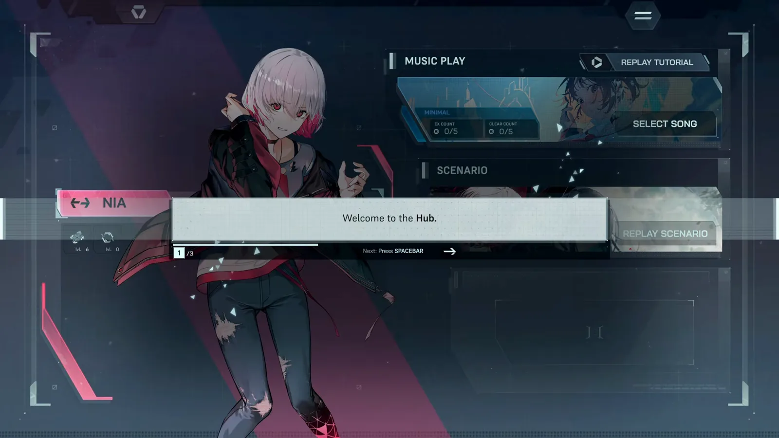 In Falsus Hub menu with Nia saying 'Welcome to the Hub' next to the MUSIC PLAY, SCENARIO and REPLAY TUTORIAL entries