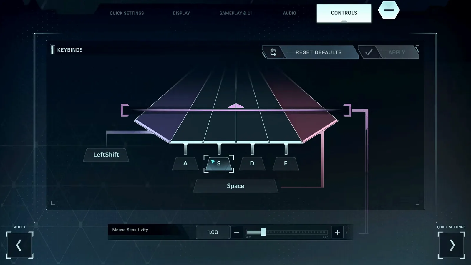 In Falsus CONTROLS keybinds mapping LeftShift, A, S, D, F and Space onto the six note lanes