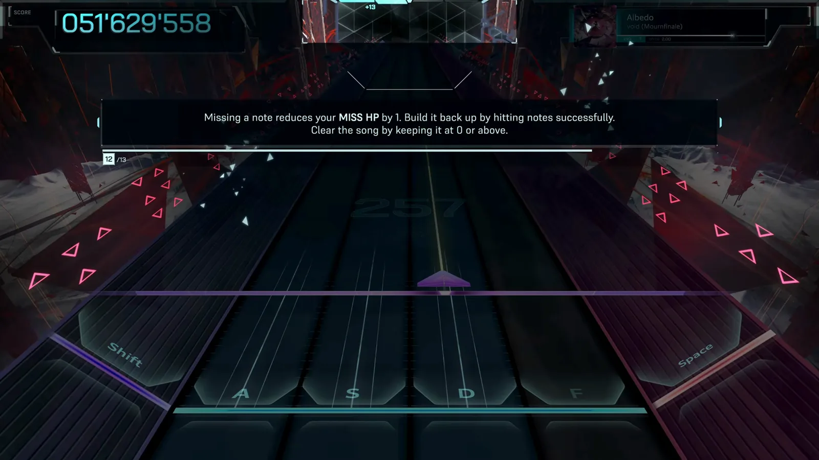 In Falsus tutorial explaining MSS HP — missing a note reduces HP by 1, hits build it back, clear the song at 10 or above