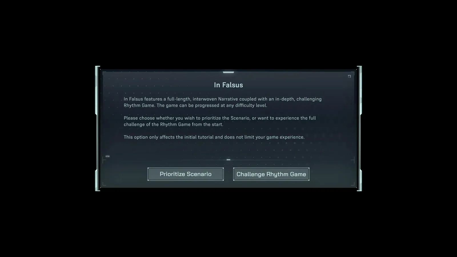 In Falsus new-game prompt asking whether to Prioritize Scenario or Challenge Rhythm Game first