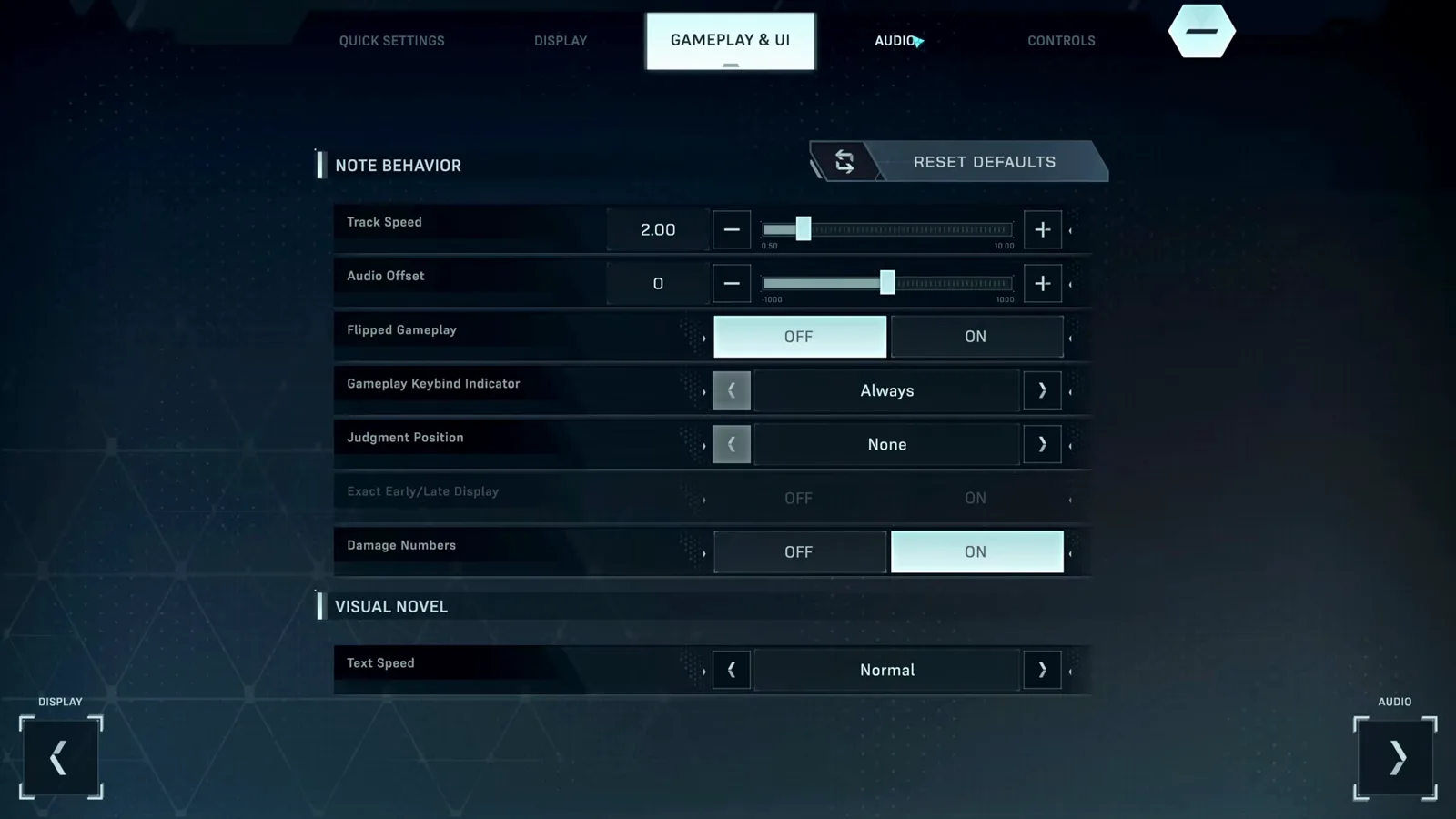 In Falsus GAMEPLAY & UI settings showing the Note Behavior panel with Track Speed 2.00 and Audio Offset 0
