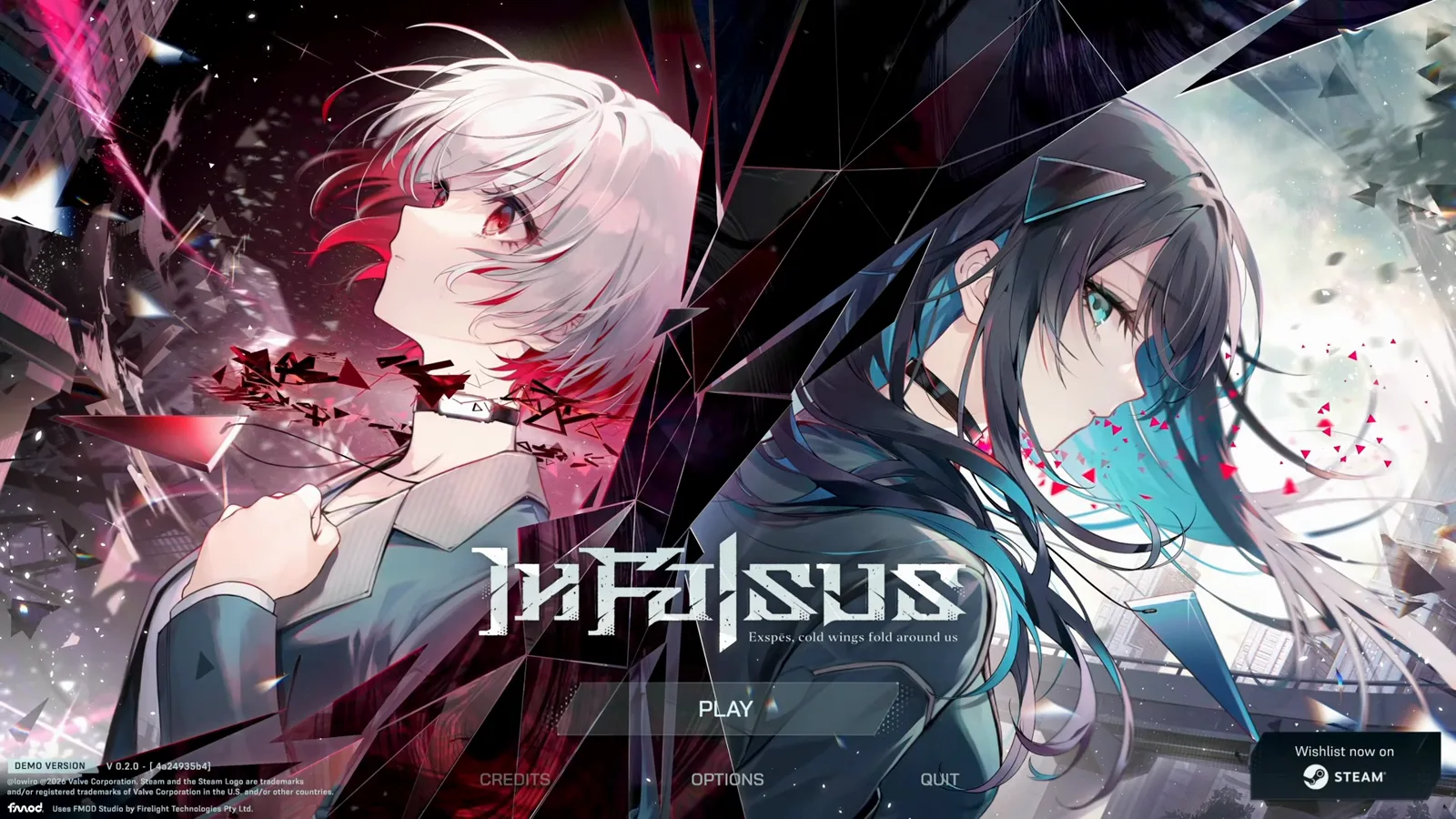 In Falsus demo title screen with the shattered-wing key art and PLAY, OPTIONS and QUIT menu entries
