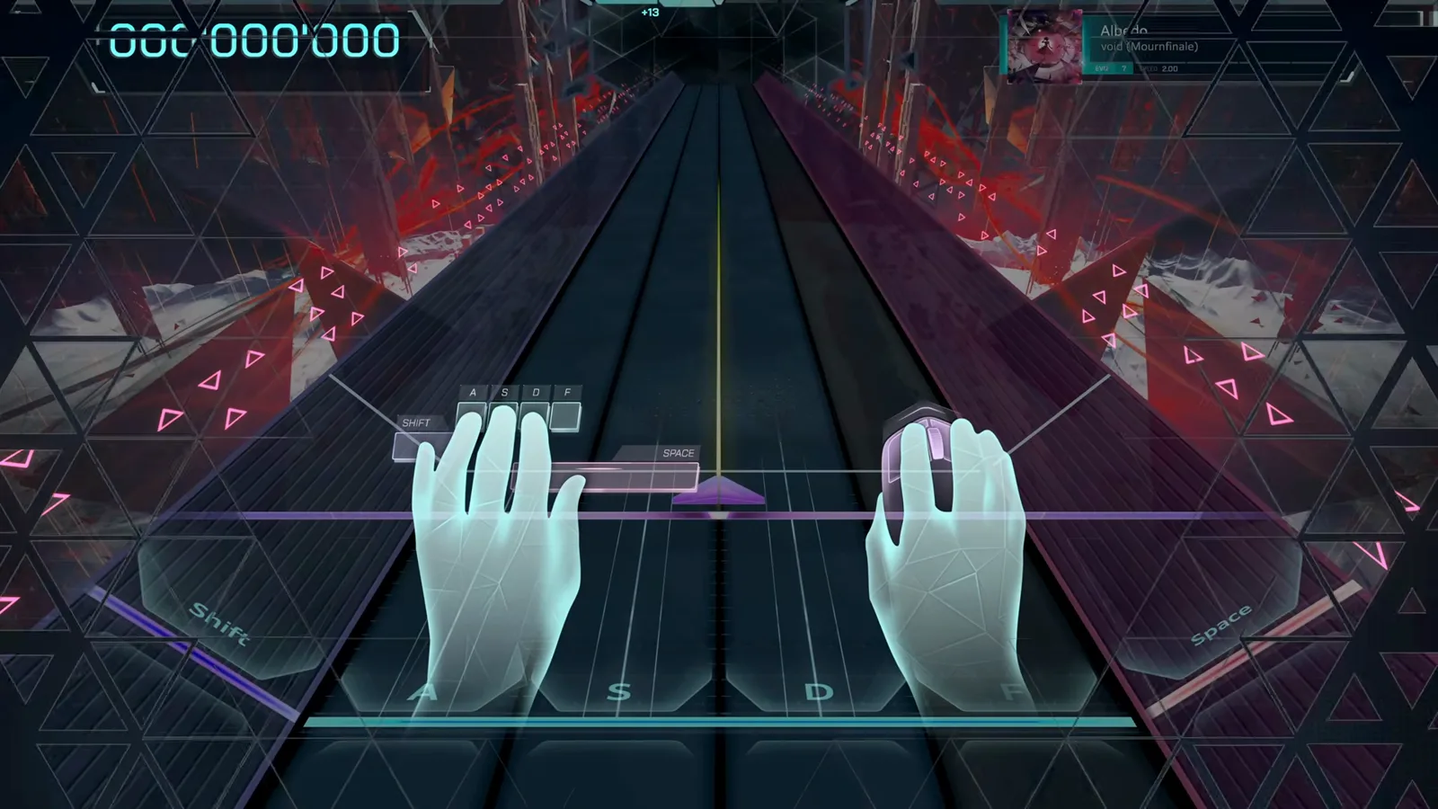 In Falsus tutorial overlay showing translucent hands resting over the note lanes before the song starts