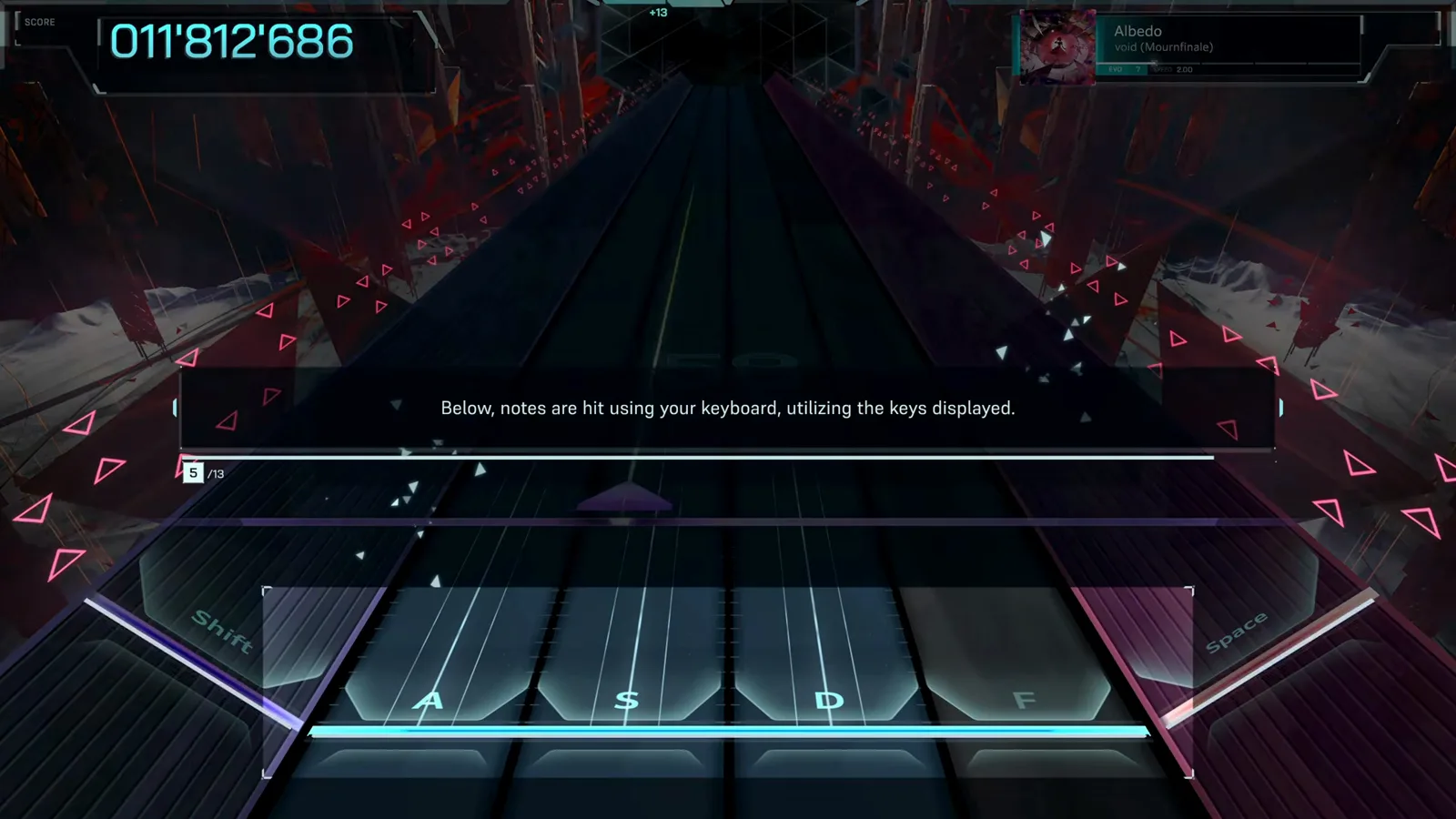 In Falsus tutorial message that lower notes are hit with the keyboard keys displayed on the lanes