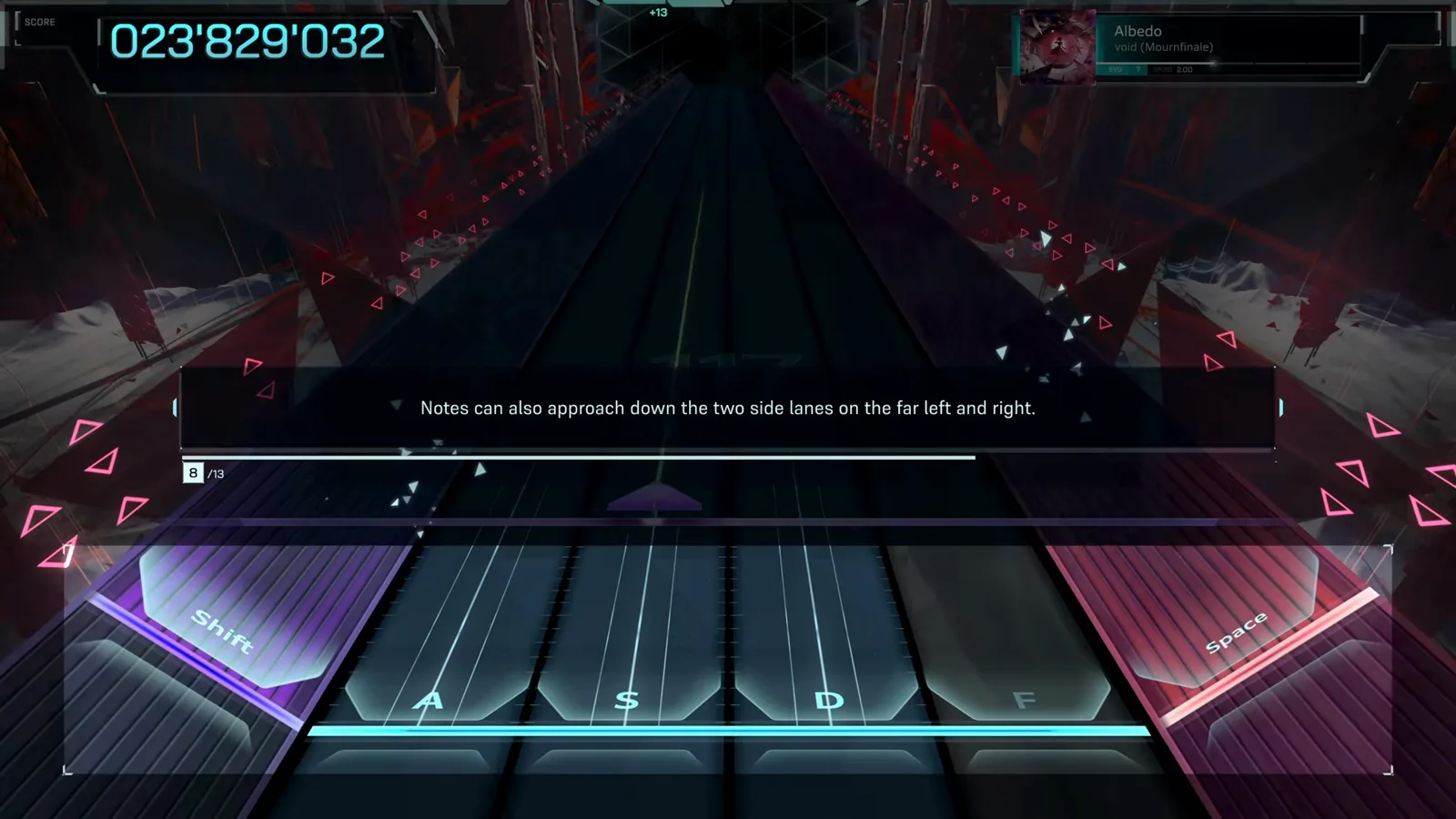 In Falsus tutorial warning that notes can also approach down the two side lanes on the far left and right
