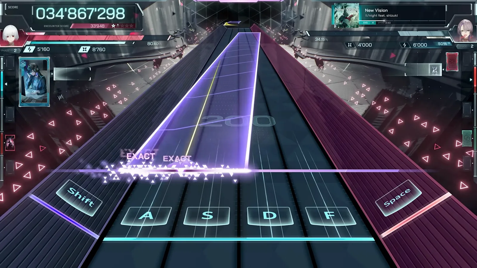 In Falsus gameplay with all six Floor lanes showing their default key prompts: LShift, A, S, D, F and Space