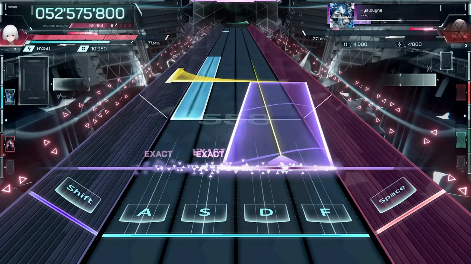 The In Falsus Field phase: a mouse-controlled zone above the Floor lanes, with a yellow Flick note incoming