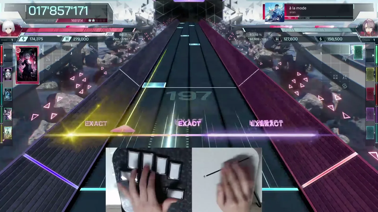Both hands in a real clear Dual handcam of an FBD 11 clear: left hand on a keypad, right hand holding a pen on a tablet
