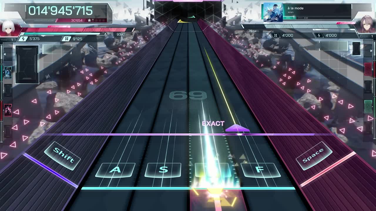 lowiroのMusic Gameplay Showcaseより、In Falsus à la mode EVO 5のゲームプレイ——下段ラインのEXACT判定、キー表示付き6本のフロアレーン、上昇するエンカウントスコア