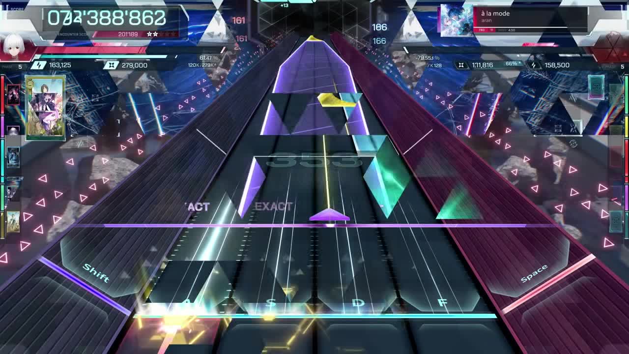 In Falsus à la mode FBD 11のゲームプレイ——ひび割れた青のフィールド上で交差する紫とティールのノーツハイウェイ、デモ最難の譜面
