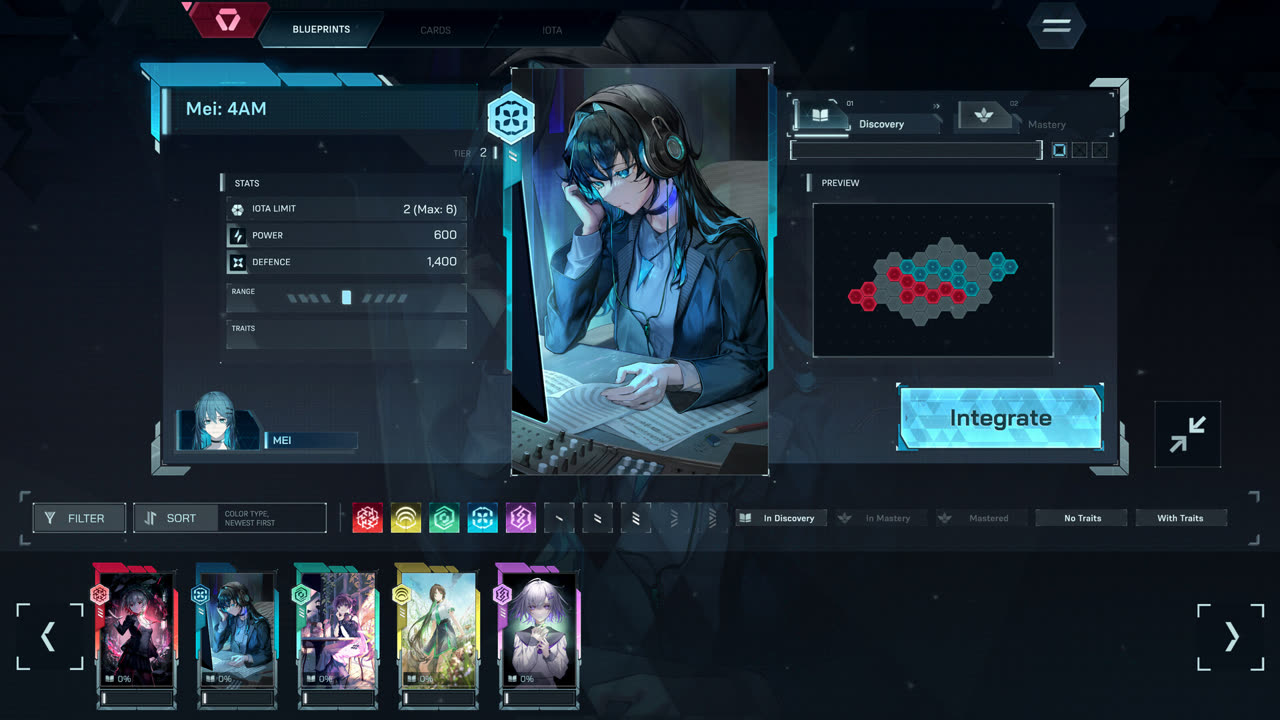 In Falsus 블루프린트 화면 — Mei: 4AM 카드, 티어 2, 이오타 제한 6개 중 2개 사용, 기본 Power 600 / Defence 1400, 오른쪽에 헥스 존 미리보기