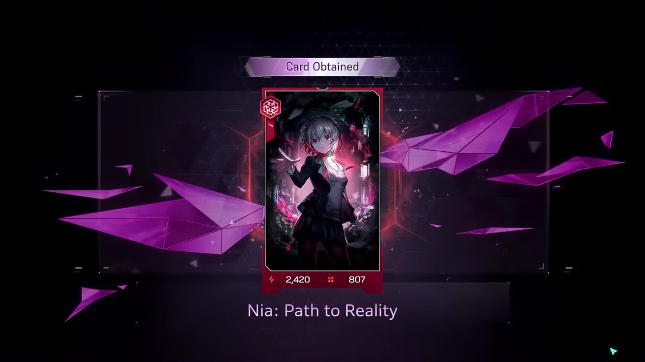 In Falsus Card Obtained 화면 — Nia: Path to Reality 제작 완료, Power 2,420 / Defense 807, 페널티 감소 없음