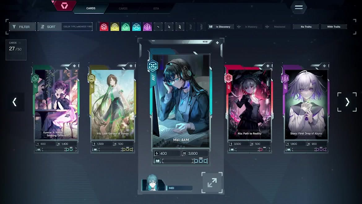 In Falsus 카드 컬렉션 화면 — 다섯 가지 색상 타입 카드 전체(Ayame: A Warm Gaze Seeking Others, Iris: Lost Garden of Bonds, Mei: 4AM, Nia: Path to Reality, Story: First Drop of Abyss)와 Power·Defence 스탯 표시