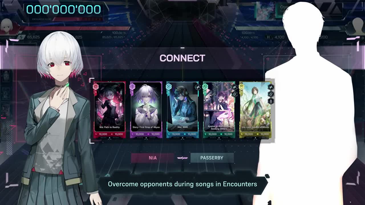 In Falsus 인카운터 CONNECT 화면 — 5장 카드 로드아웃(Nia: Path to Reality, Story: First Drop of Abyss, Mei: 4AM, Ayame: A Warm Gaze Seeking Others, Iris: Lost Garden of Bonds)이 상대와 대치