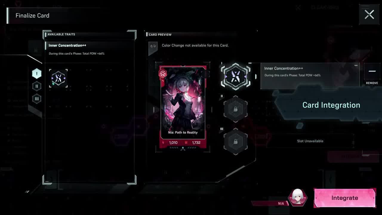In Falsus Finalize Card 화면 — 카드 Phase 동안 총 POW +66%의 Inner Concentration++ 특성 장착, Integrate 버튼 준비 완료