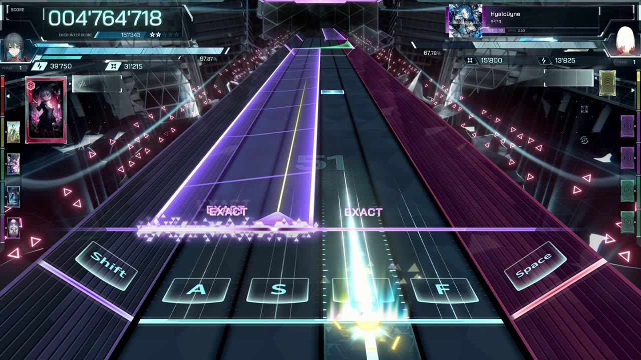 In Falsus Hyaloüyne ULT 10 게임플레이 — Shift, A, S, F, Space 키 표시가 있는 6개 Floor 레인, 판정선에 점멸하는 EXACT 판정, 왼쪽의 카드 핸드