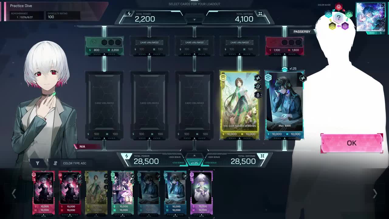 In Falsus 로드아웃 선택 화면 — Practice Dive 전 카드 링크 중, 합계 Power 28,500 / Defense 28,500에 미링크 슬롯 2개