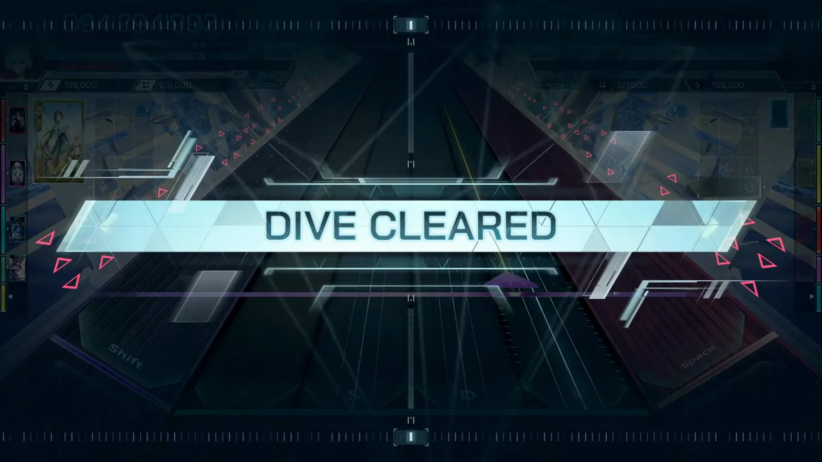 DIVE CLEARED banner In Falsus cyan DIVE CLEARED banner across the track at the end of a successful song