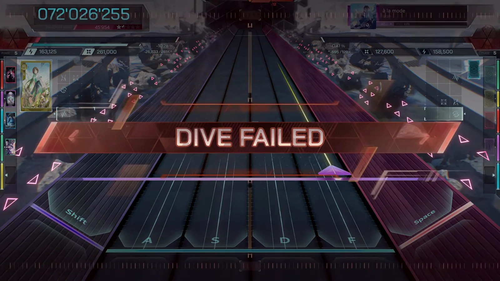 DIVE FAILED banner In Falsus red DIVE FAILED banner dropping mid-chart on à la mode ULT 9 with the score frozen at 072'026'255