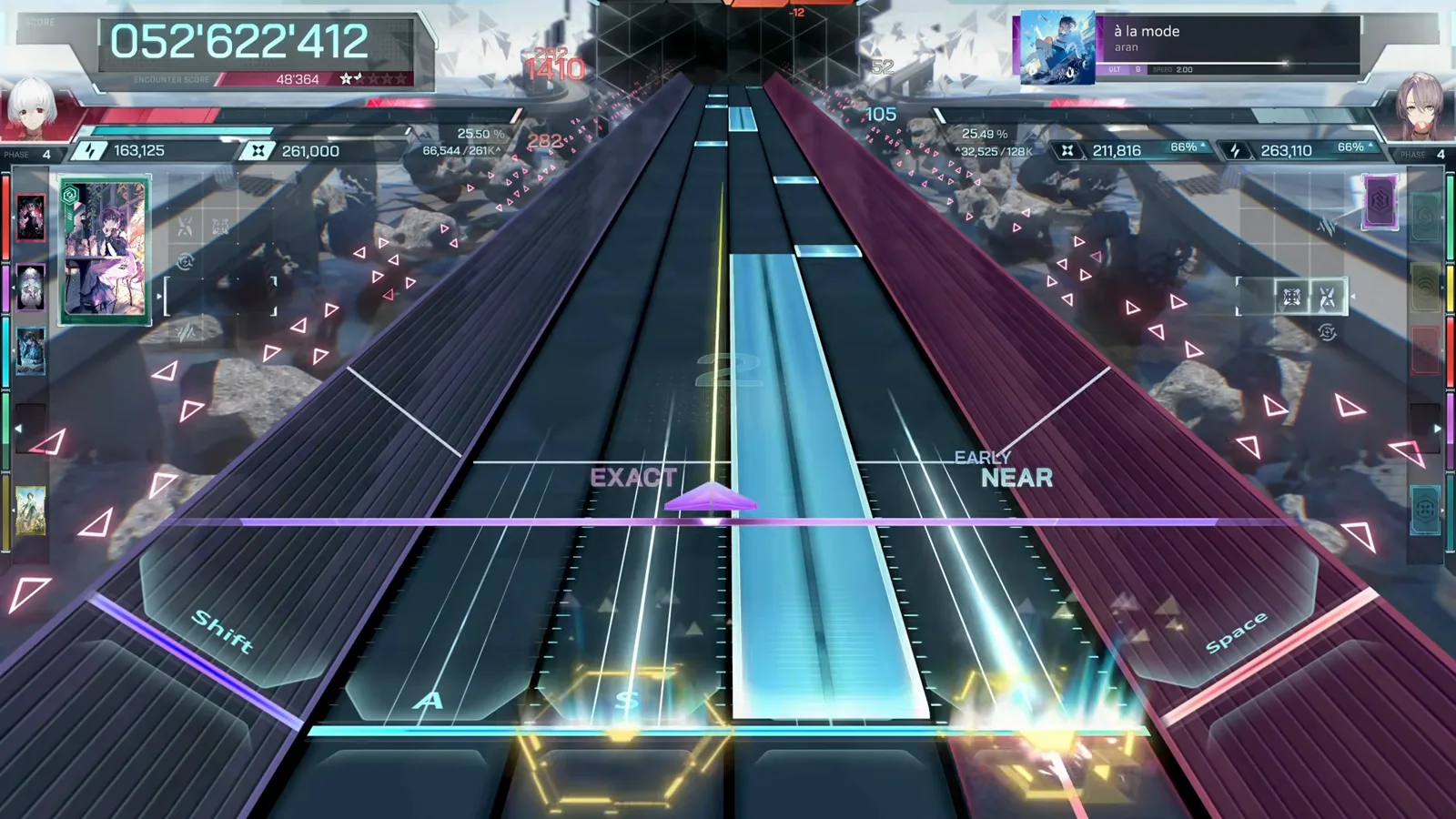EARLY NEAR judgement indicator In Falsus gameplay showing an EARLY NEAR judgement in white text beside an EXACT popup on à la mode ULT 9