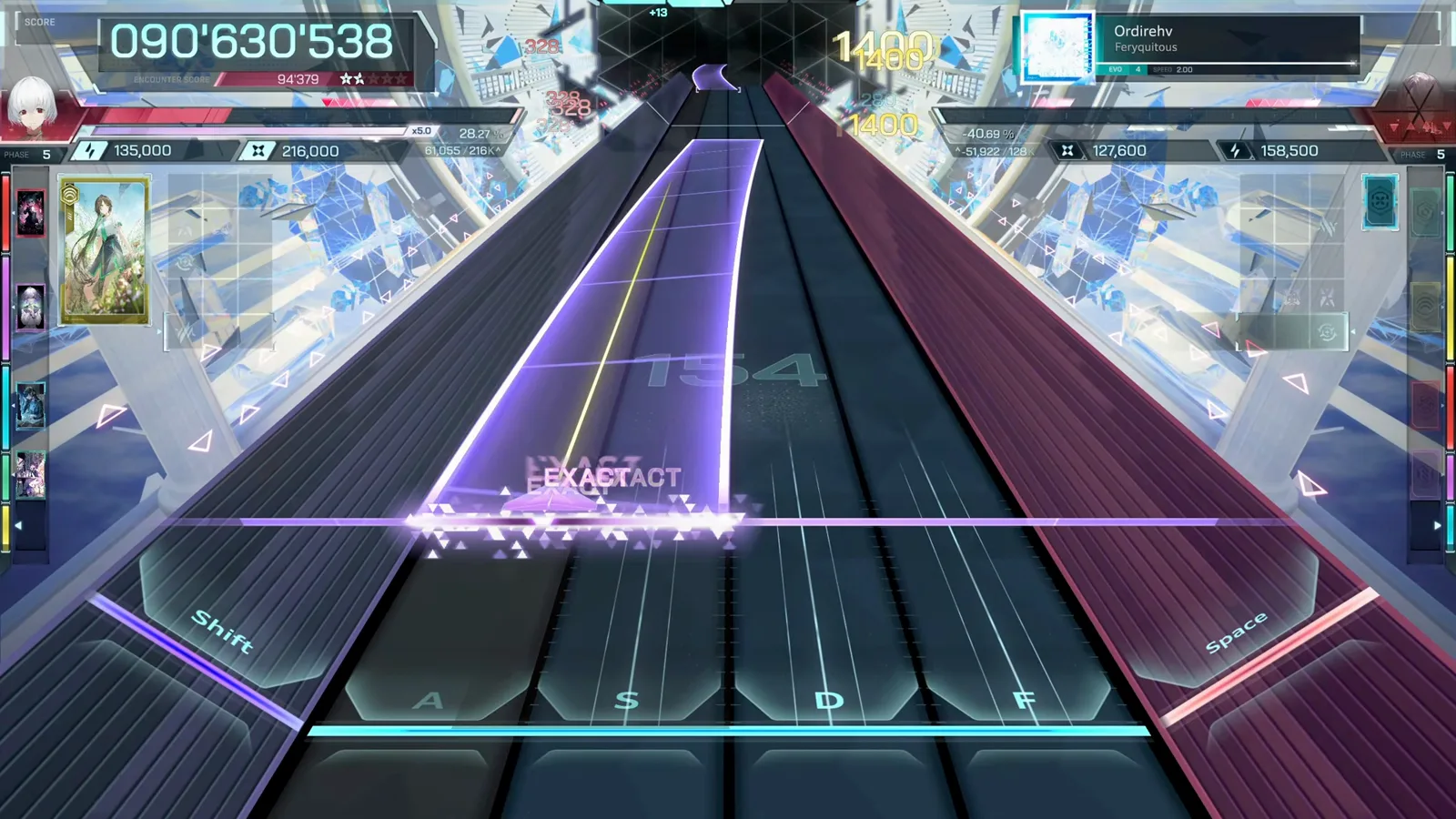 The LINK counter mid-song In Falsus gameplay on Ordirehv with the LINK counter at 154 floating mid-track over a purple Field note