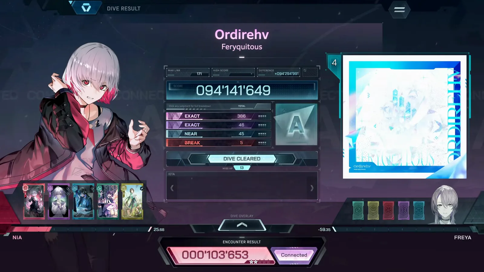 Ordirehv result screen, rank A In Falsus result screen for Ordirehv showing MAX LINK 171, judgement rows EXACT 386/46, NEAR 45, BREAK 5 and rank A