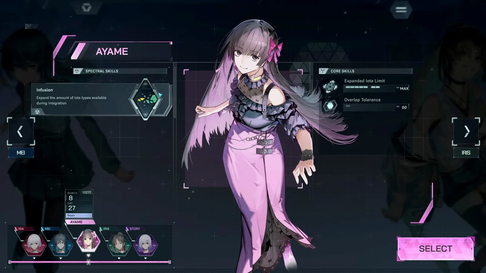 Ayame's skill profile In Falsus character select for Ayame showing Spectral Skill Infusion and two Core Skills