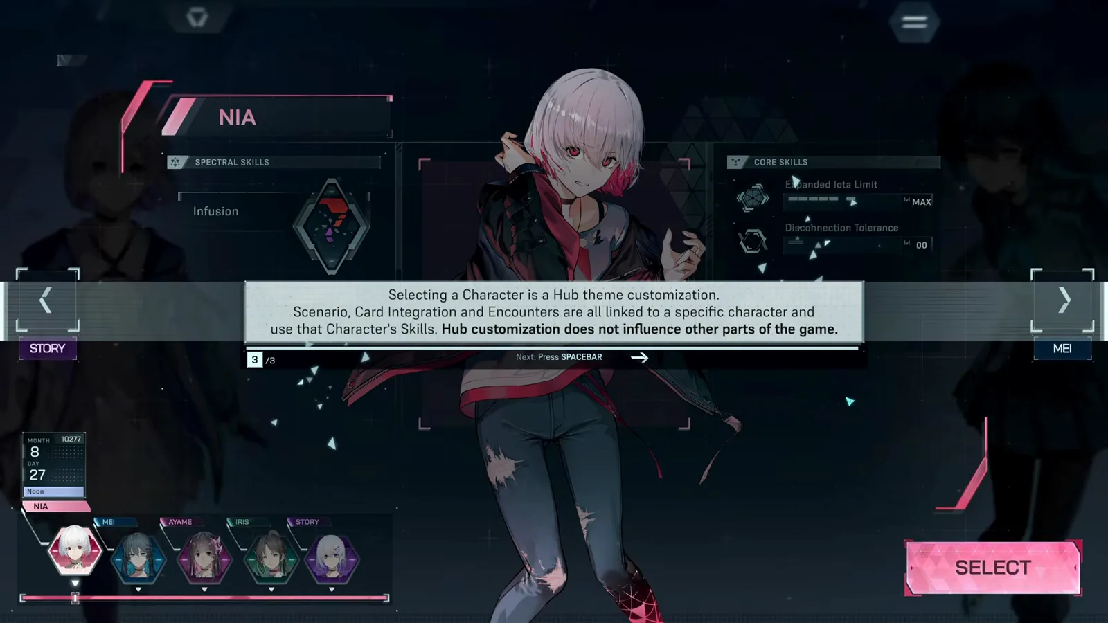 Nia on the character select screen In Falsus character select for Nia explaining character choice is a Hub theme customization only