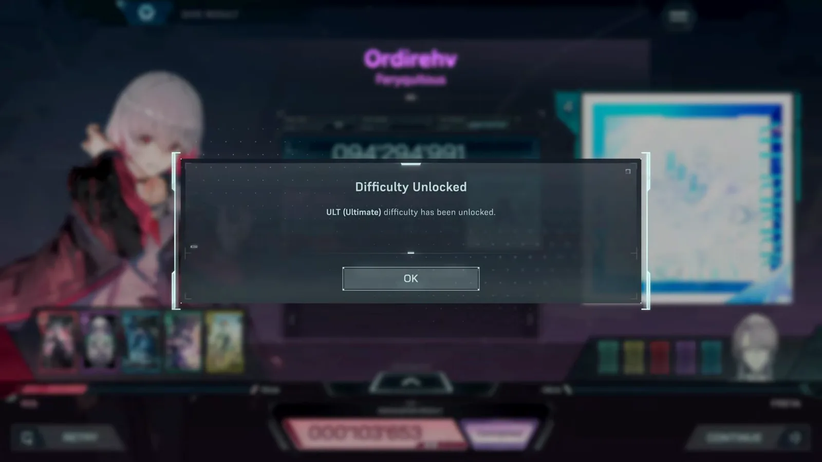 ULT difficulty unlocked In Falsus 'Difficulty Unlocked' popup announcing ULT (Ultimate) difficulty over the Ordirehv result