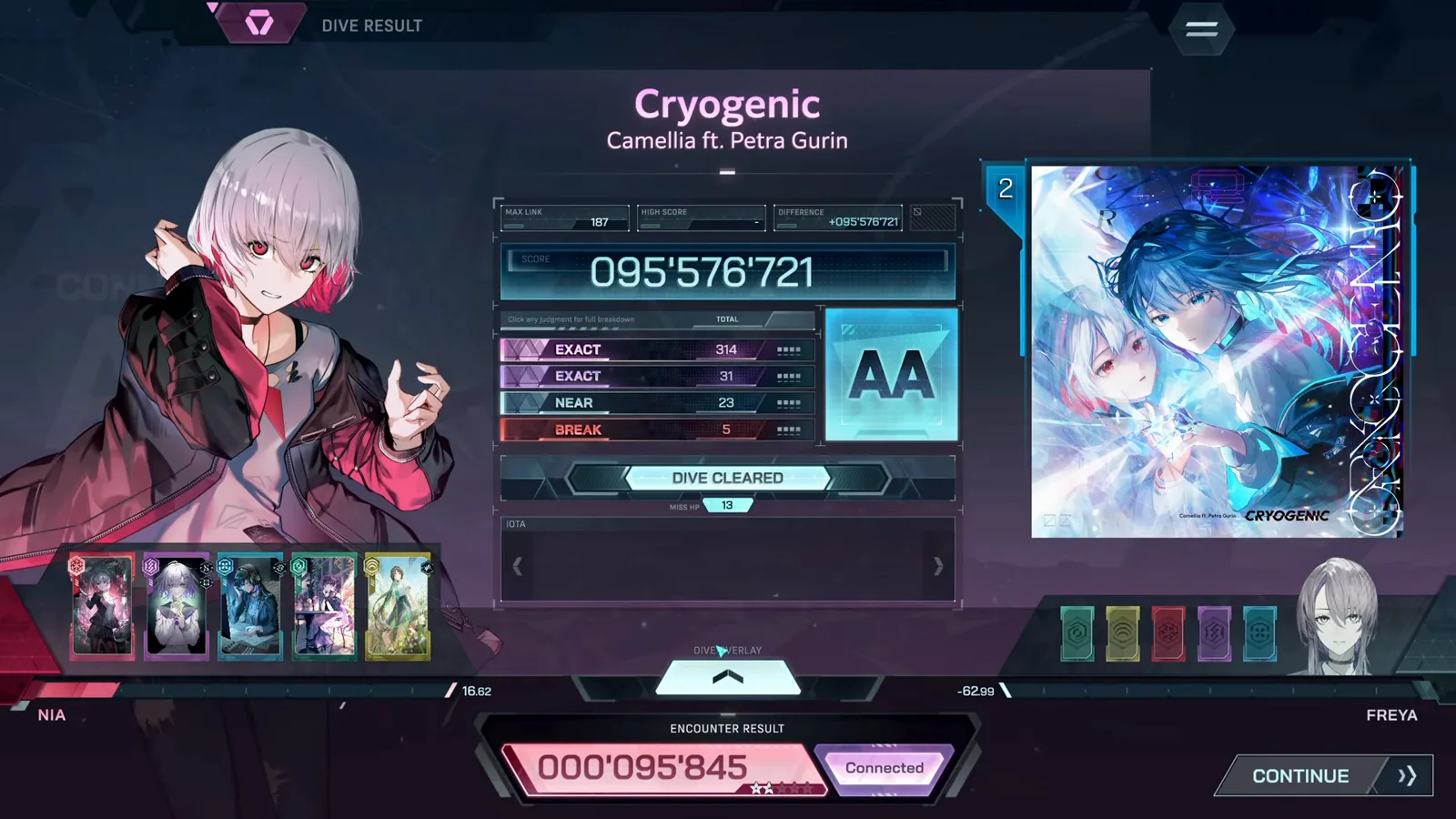 Cryogenic cleared at rank AA In Falsus Dive result for Cryogenic showing DIVE CLEARED, rank AA, score 95,576,721 with only 5 BREAK judgements