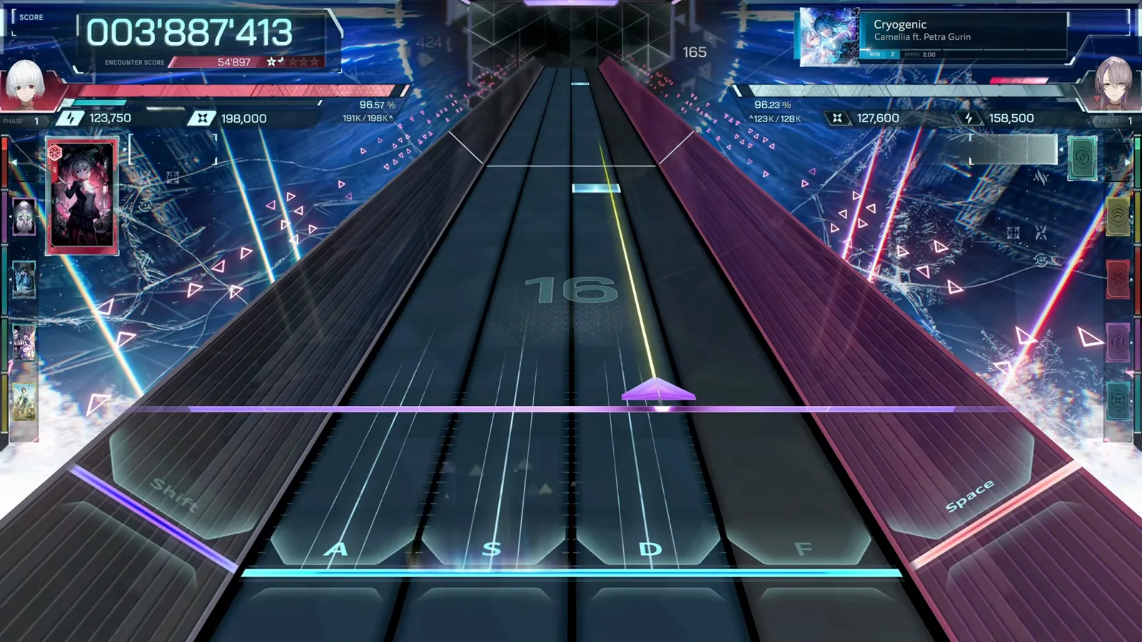 Encounter gameplay: Nia vs Freya In Falsus Encounter gameplay on Cryogenic MIN 2 with both sides' Power and Resolve bars and card icons