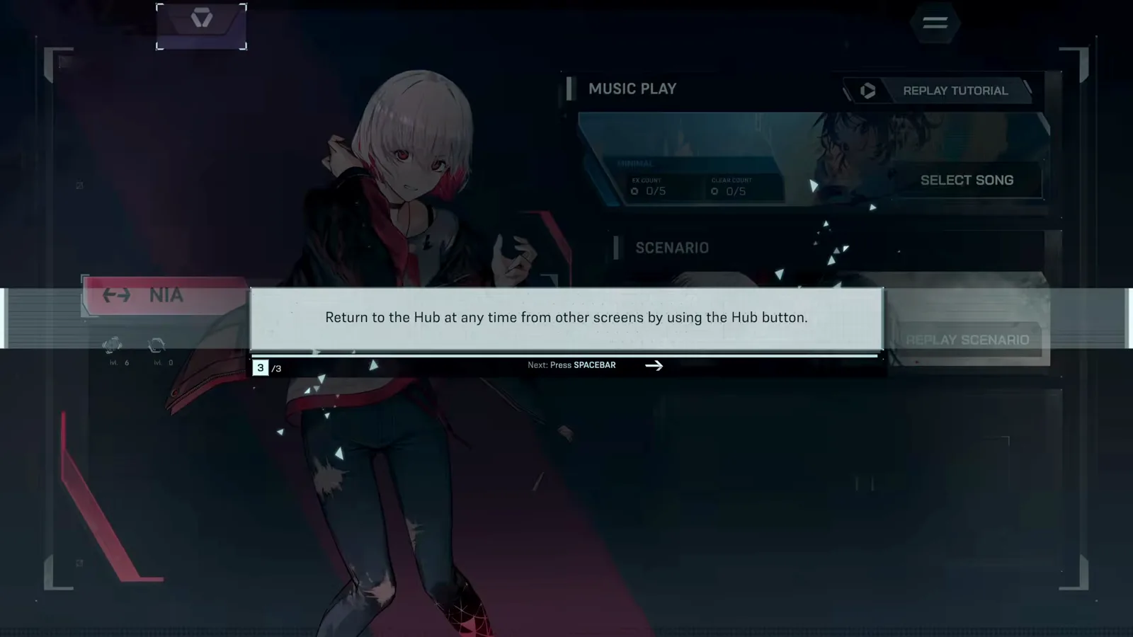 The Hub return tooltip In Falsus Hub screen with the tooltip about returning to the Hub at any time over Nia