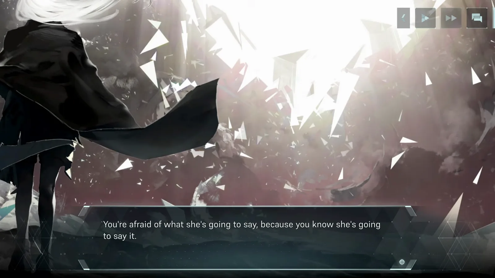 The shattering world cutscene In Falsus opening cutscene of a white-haired girl in a black cloak as the world shatters into glass shards around her