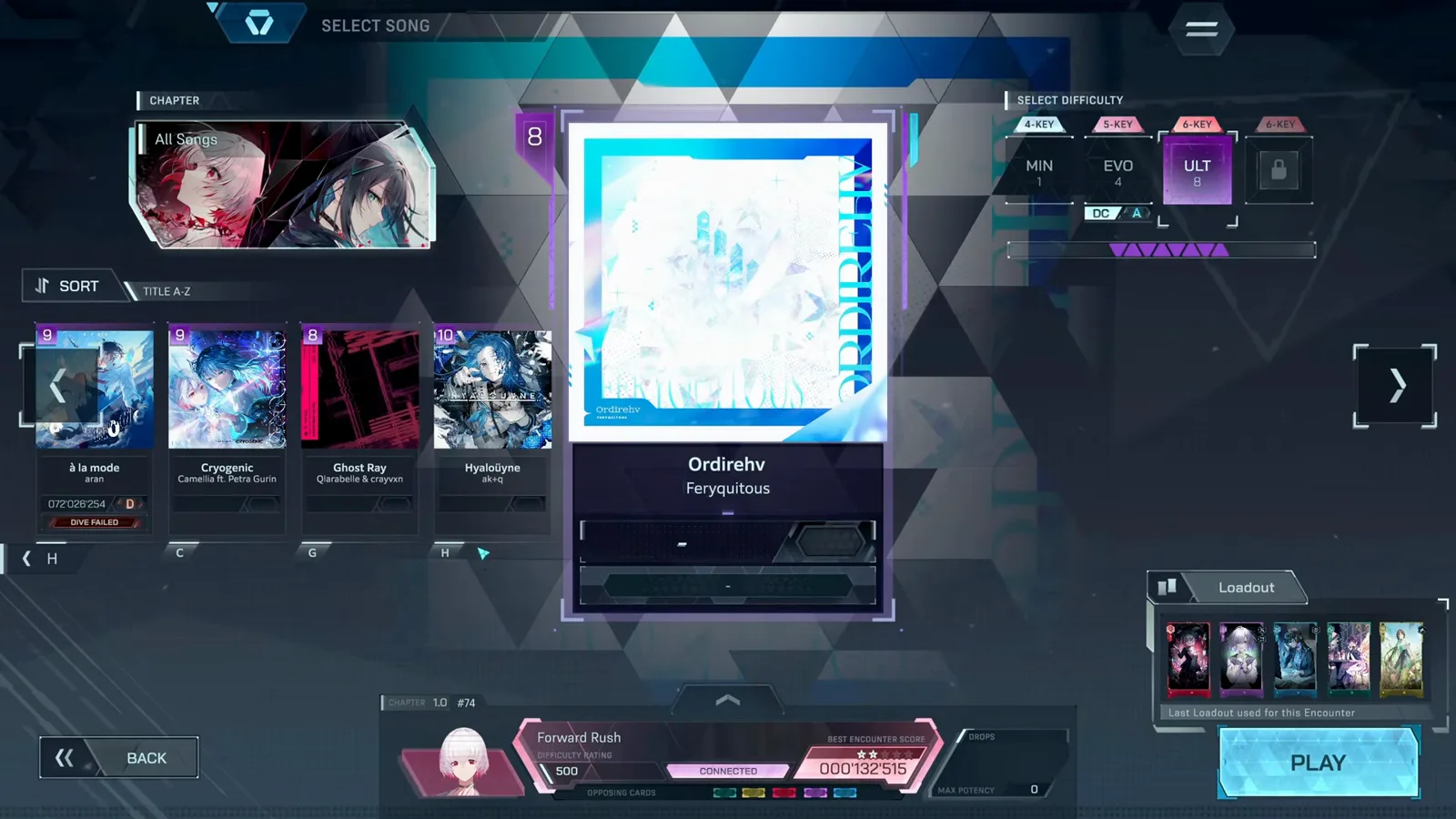 Song select with ULT unlocked In Falsus song select with Ordirehv on ULT 8, the FBD slot locked and the last loadout panel